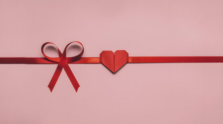 A minimalist and elegant Valentine's Day concept featuring a red ribbon tied into a bow and an origami heart placed on a soft pink background.の素材