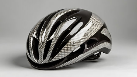 A close-up of a high-tech cycling helmet featuring a sleek, aerodynamic design. The helmet is constructed with lightweight carbon fiberの素材