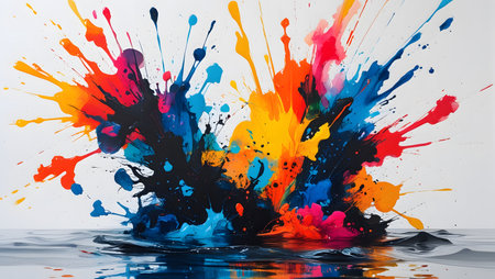 An abstract image capturing the raw energy of a paint explosion. The vivid colors and dynamic splashes on white backgroundの素材