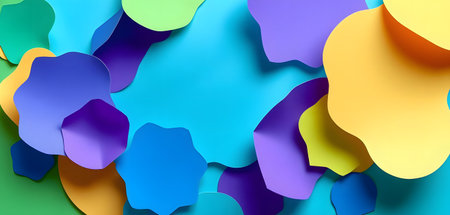 An abstract image featuring a colorful arrangement of overlapping shapes with a paper cut texture.の素材