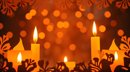 A cozy image of lit candles glowing warmly against a paper cutouts background of festive decorations and bokeh lights.の素材
