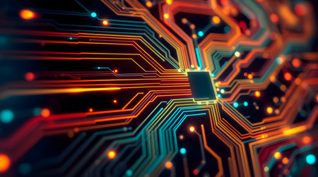 An abstract image depicting a complex circuit board with glowing connections. Futuristic technology backgroundの素材