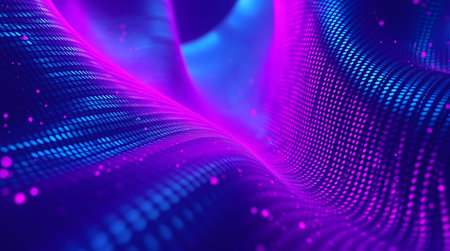 An abstract image featuring a dynamic wave of digital particles with a vibrant neon glow.の素材