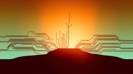 An abstract image depicting a sunrise over a digital landscape.の素材