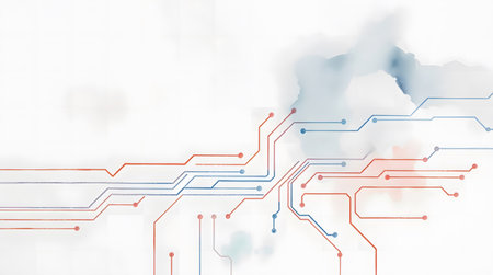 An abstract image featuring a circuit board design overlaid on a red and blue watercolor wash background.の素材