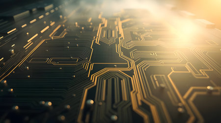 A close-up macro photograph of a circuit board with a golden hue illuminatedの素材