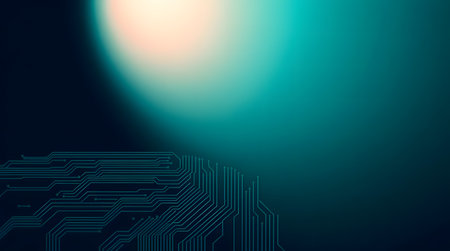An abstract image featuring a circuit board with a soft blue glow and a blurred background.の素材