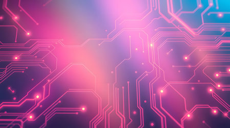 A close-up image of a circuit board with a vibrant pink color scheme and glowing connections.の素材