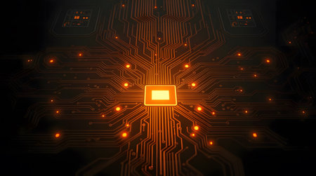 A close-up macro photograph of a circuit board with a golden processor chip at its center.の素材