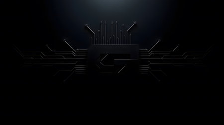 An abstract image featuring a central glowing element surrounded by intricate circuit board patterns.の素材