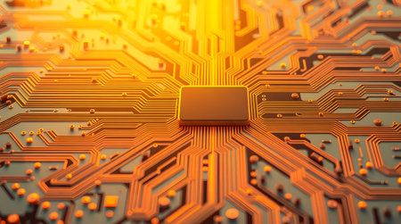 A close-up macro photograph of a circuit board with a golden processor chip at its center.の素材