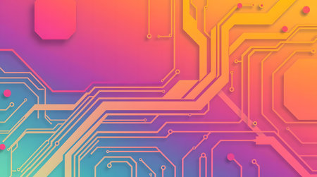 An abstract image featuring a stylized circuit board with a colorful rainbow gradient background.の素材