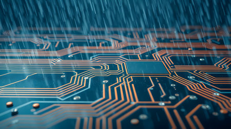 An abstract image of a circuit board with water droplets and a digital rain effect.の素材