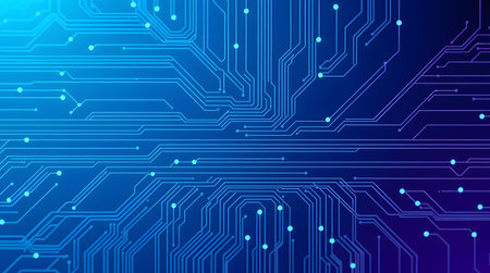 An abstract image featuring a stylized circuit board with a blue gradient background.の素材
