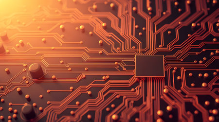 A close-up macro photograph of a circuit board with a golden processor chip at its center.の素材