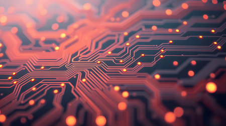 A close-up image of a circuit board with a vibrant red color scheme and glowing connections.の素材