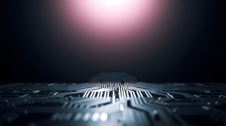 An abstract image featuring a circuit board with a soft pink glow and a blurred background.の素材