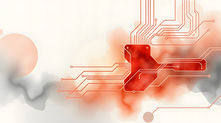 An abstract image featuring a circuit board design overlaid on a red and grey watercolor wash background.の素材