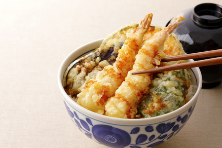 Japanese Tendon. Bowl of rice and fried fishの写真素材