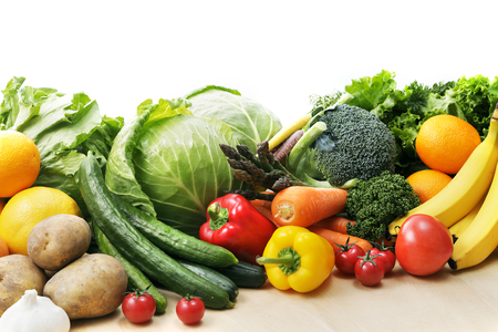 Set of different fruits and vegetables on white backgroundの写真素材