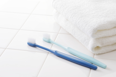 Toothbrush and bathroom imageの写真素材