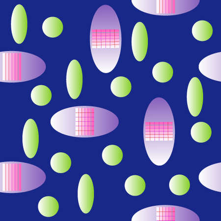 Abstract geometric volumetric shapes on a dark background for textiles. Seamless pattern. Dynamic composition of ellipses and balls with gradient coloring on a blue background.のイラスト素材