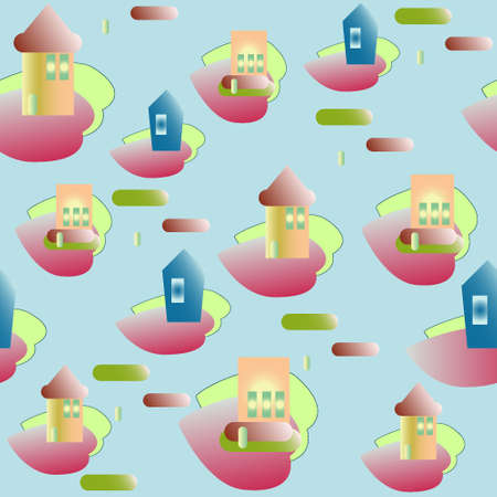 Abstract illustration for baby textiles. Seamless pattern. Dynamic composition of symbolic houses with gradient coloring on a blue background.のイラスト素材