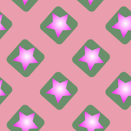 Pink stars on green squares for textiles. Seamless pattern. Dynamic composition of geometric shapes on pink backgroundのイラスト素材