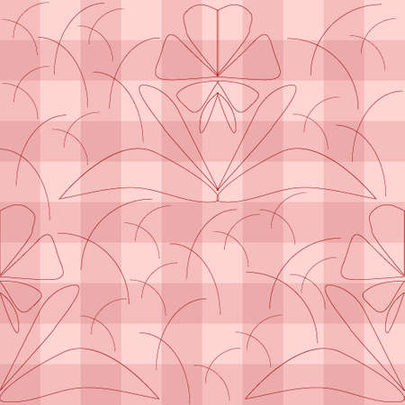 Abstract brown flowers and grass on a pink checkered background for textiles. Dynamic composition of arcs and half arcs of different sizes on pink squares.のイラスト素材