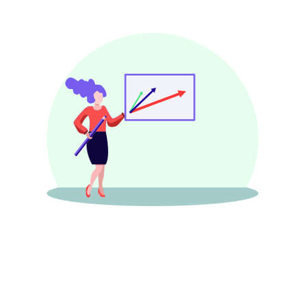 Business woman, dressed in a red blouse and dark skirt, holds a pencil in one hand and a tablet with abstract growth charts in the other.のイラスト素材