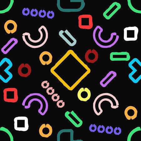 Seamless pattern of abstract geometric shapes on a black background for textiles.