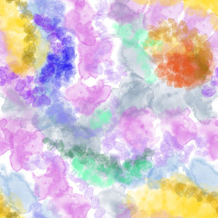 Seamless pattern of abstract watercolor transitions of blue, pink and yellow shades for textiles.の写真素材