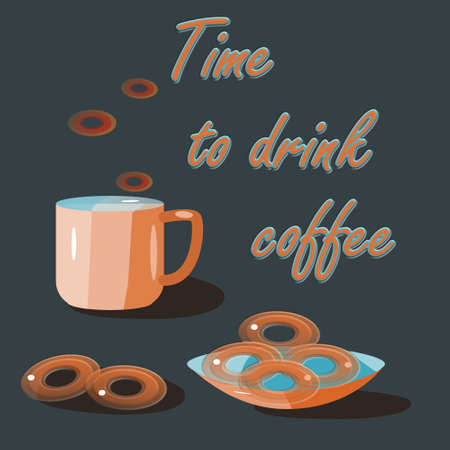 Time to drink coffee. Lettering and illustration of a cup of hot coffee and buns in a plate on a dark background.のイラスト素材