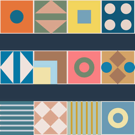 Geometric pattern of squares, circles, rings, triangles and stripes for textiles. Seamless pattern on a dark background.のイラスト素材