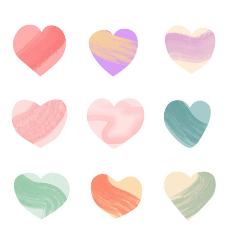 Set of abstract hearts with a watercolor fill of pink, yellow and green shades on a white background...