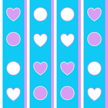 Seamless geometric pattern of white and pink circles and hearts on a blue background with stripes for textile.のイラスト素材