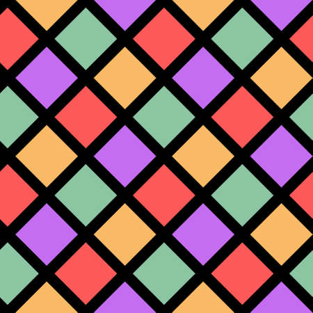 Seamless pattern of pink, yellow, red, green rhombuses on a black background for textile.のイラスト素材