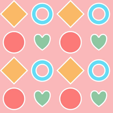 Seamless geometric pattern of red circles, yellow rhombuses, green hearts and blue rings on a pink background for textile.のイラスト素材