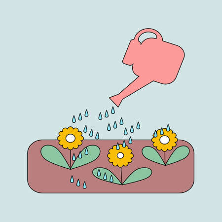 Drops of water from a red watering can fall on yellow flowers in the ground. Watering indoor flowering plants.のイラスト素材