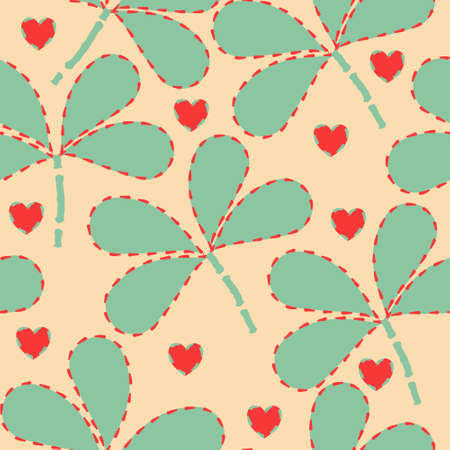 Seamless pattern of abstract green quatrefoils and red hearts on a light yellow background for textile.のイラスト素材