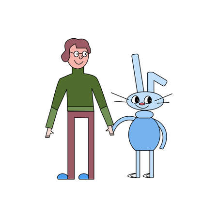Boy in a green sweater and a blue bunny on a white background. Animal and human illustration for a children's book.のイラスト素材