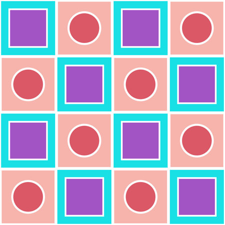 Seamless pattern of geometric shapes in blue, green and red shades with a white stroke for textile....