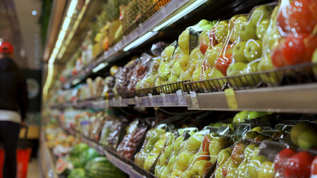 Fresh fruit wrapped in plastic on the shelves in the supermarket