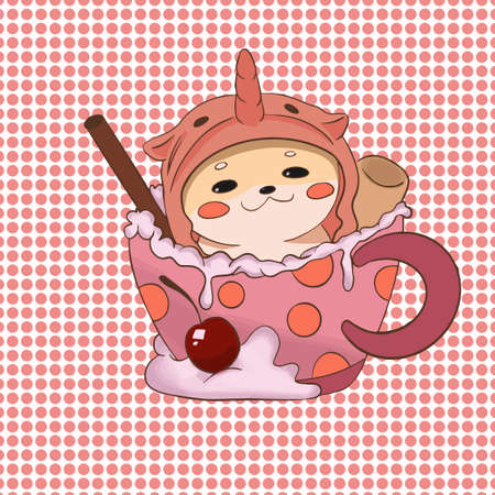 A satisfied sheba sits in a cup and waves to you.のイラスト素材