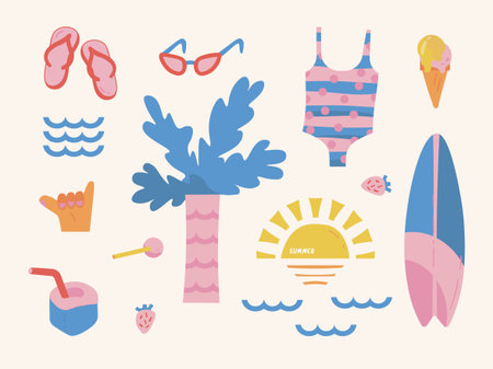 Travel illustration, with sun, sea, surfboard, strawberry, ice cream, glasses and flip flops...