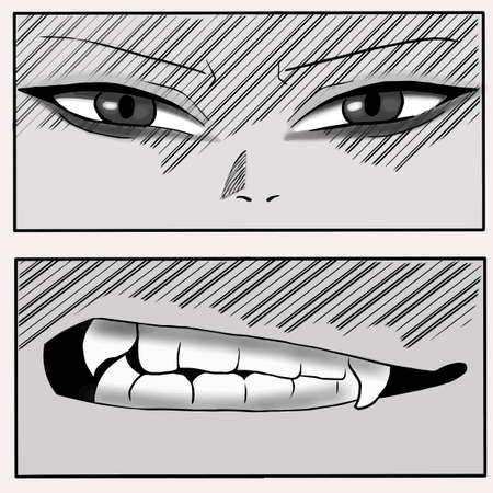Anime comic with eyes and mouth, eyes squinted and vampire teethのイラスト素材