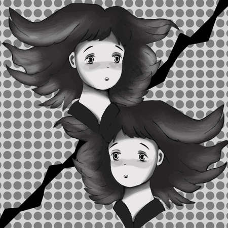 Drawn girl and anime comic in black and white. The girl develops hair, a beautiful illustrationのイラスト素材