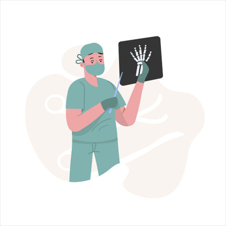 The surgeon shows a picture of the arm in the background circles and instrumentsのイラスト素材