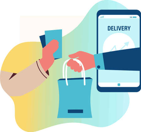 Delivery of goods from the online store hand with a parcel and a mobile application on the backgroundのイラスト素材