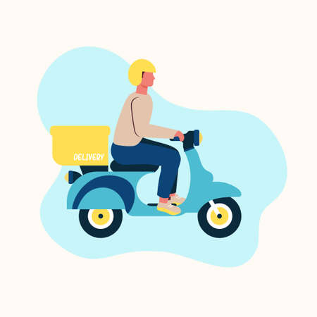 A man on a scooter in a helmet goes to deliver goods to a customerのイラスト素材